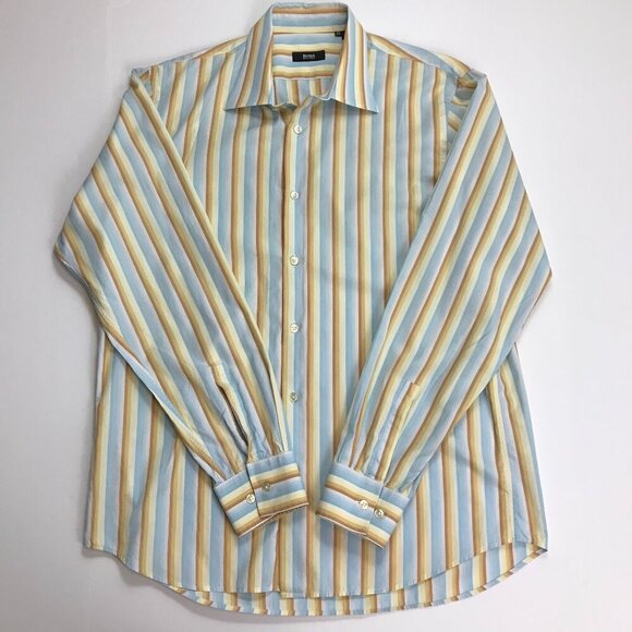 BOSS Men 100% Cotton Button Striped Multi-Color 16.5 - 42 Shirt - Picture 2 of 4